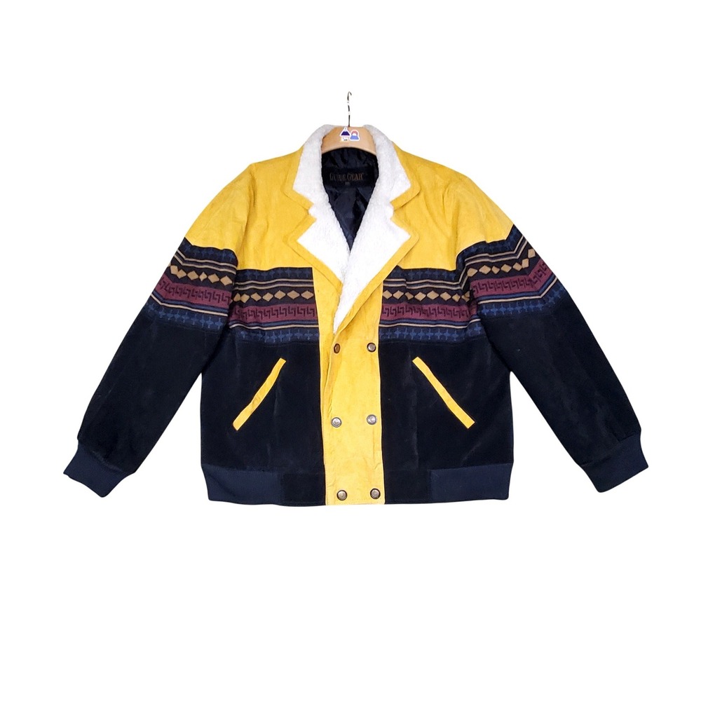 Vintage Southwestern Guide Gear Mens 2XL Suede Bomber Jacket Yellow Black